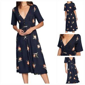 NEW RVCA Avenue Midi Dress in Navy Blue with Floral Pattern